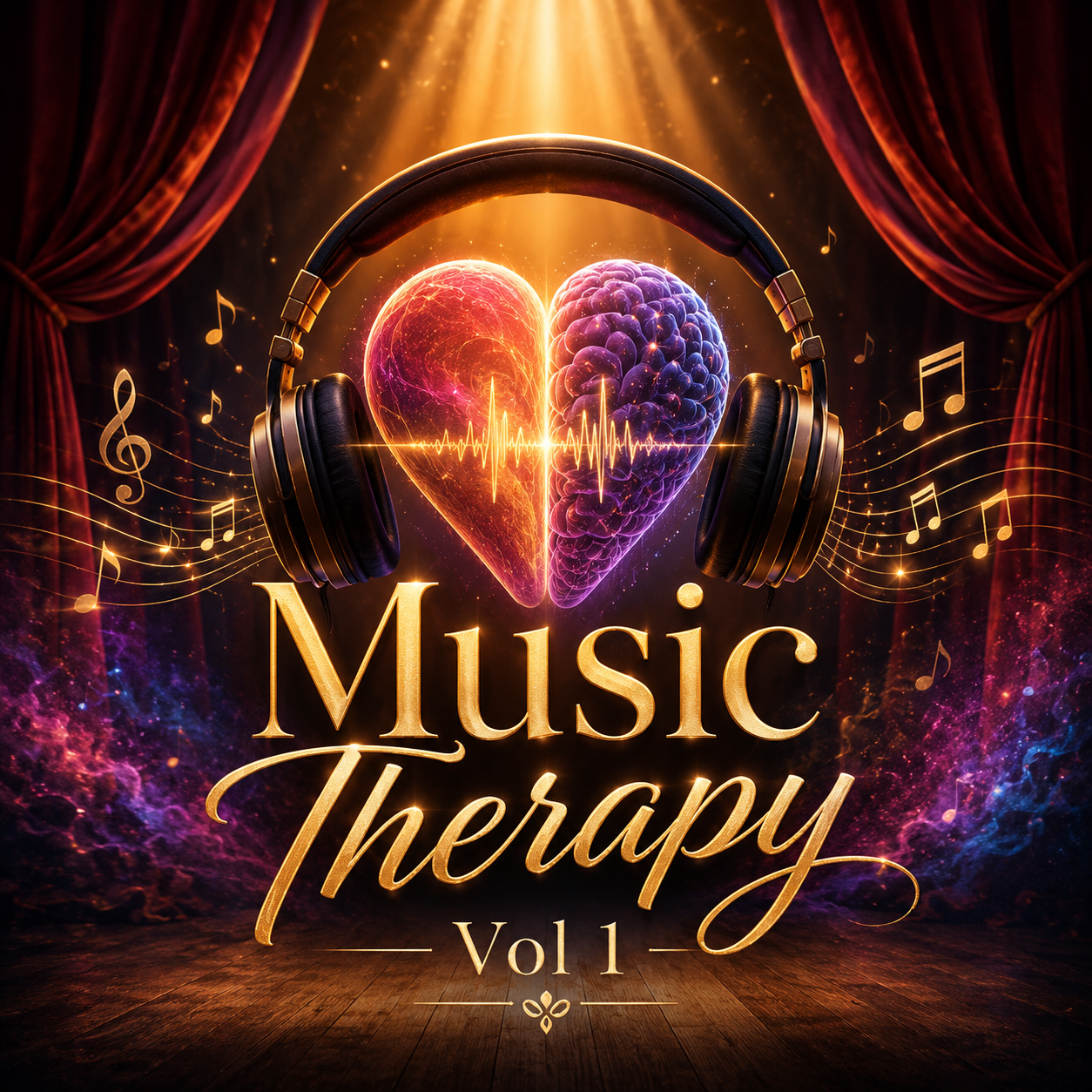 Music Therapy, Vol. 1 — poster: a heart and brain inside golden headphones on a theatrical stage